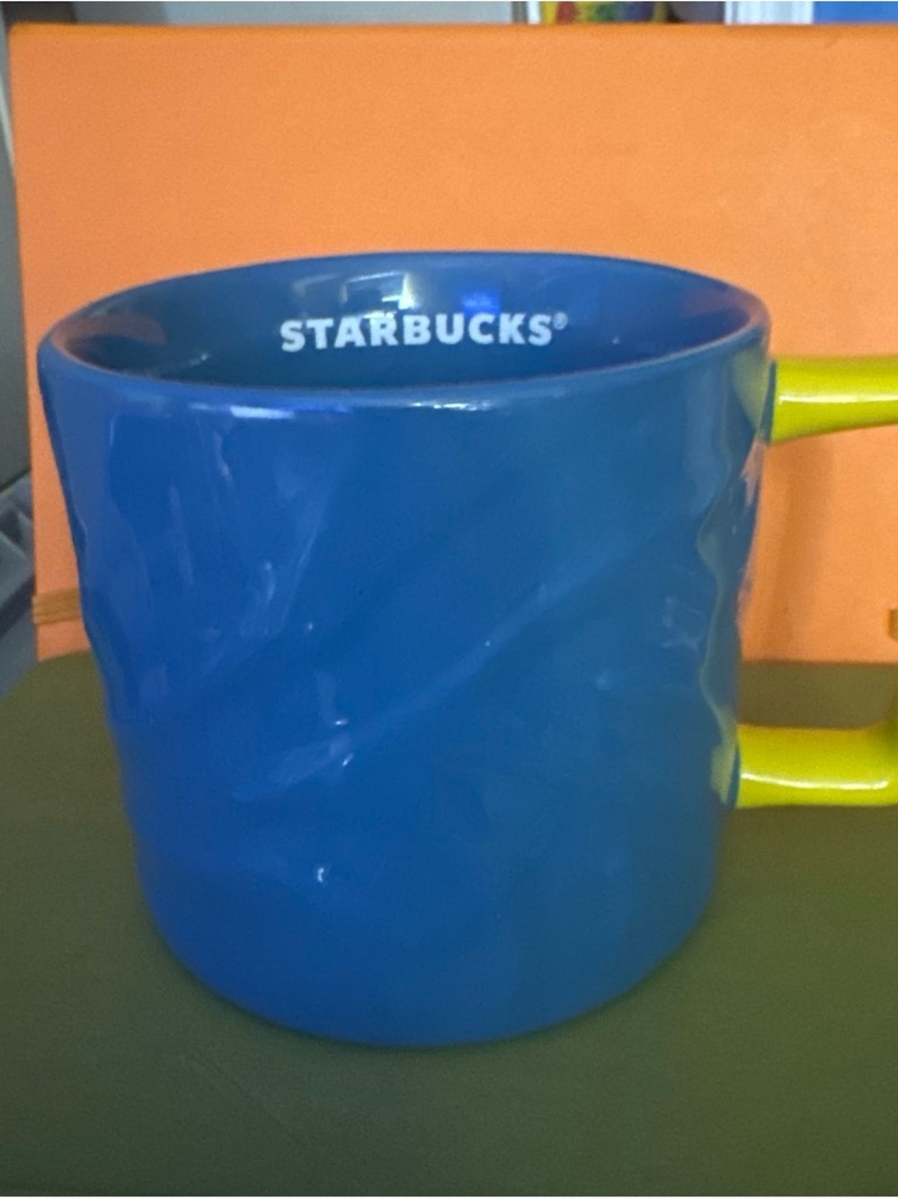 Starbucks Blue Zebra Ceramic Mug with Yellow Handle